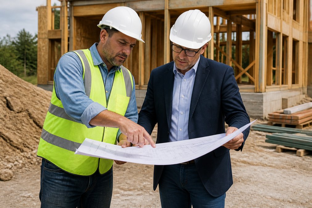 A general contractor in a hard hat and safety vest reviewing architectural blueprints with an architect on an active construction site, both examining building plans and pointing at specific details together