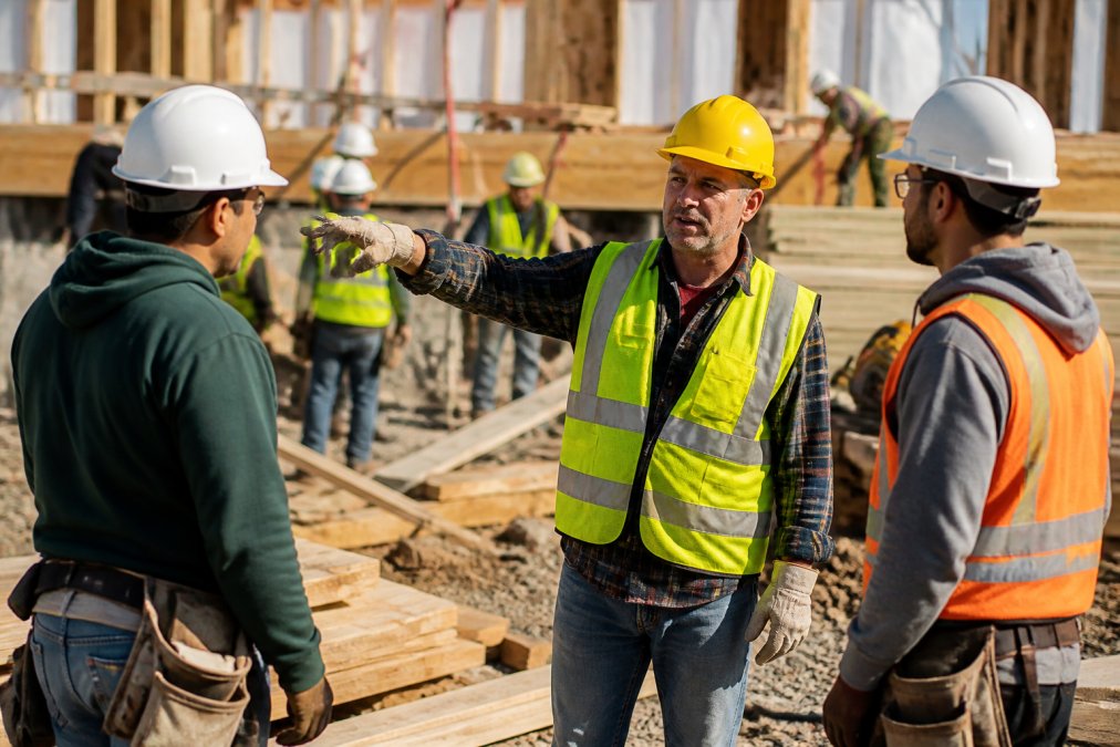 A construction site supervisor in a yellow hard hat and reflective vest directing multiple subcontractors and workers during an active building phase, with lumber stacks, equipment, and several workers visible in the background under natural daylight