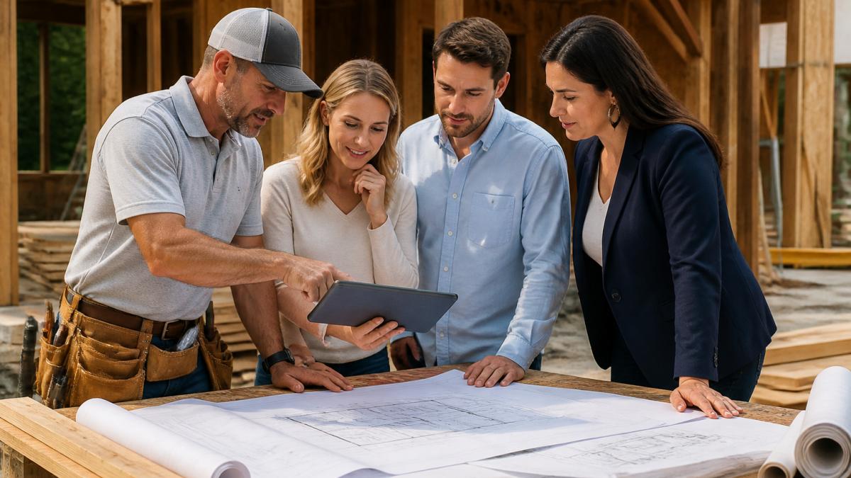 Architect and general contractor reviewing site plans with homeowners as part of the general contractor vs architect process