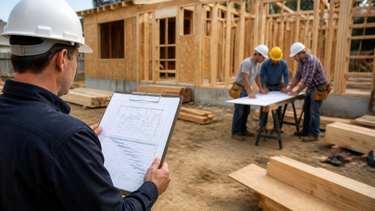 General contractor in hard hat reviewing construction blueprints and project timeline on a clipboard while workers collaborate in the background on an active residential construction site with framing visible