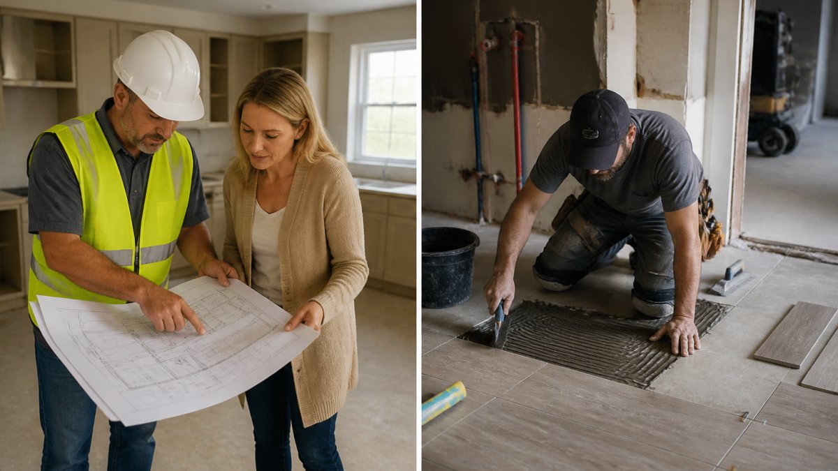 A general contractor in hard hat and safety vest reviewing architectural blueprints with a homeowner in an empty kitchen space during a remodel consultation, showing collaboration and project oversight