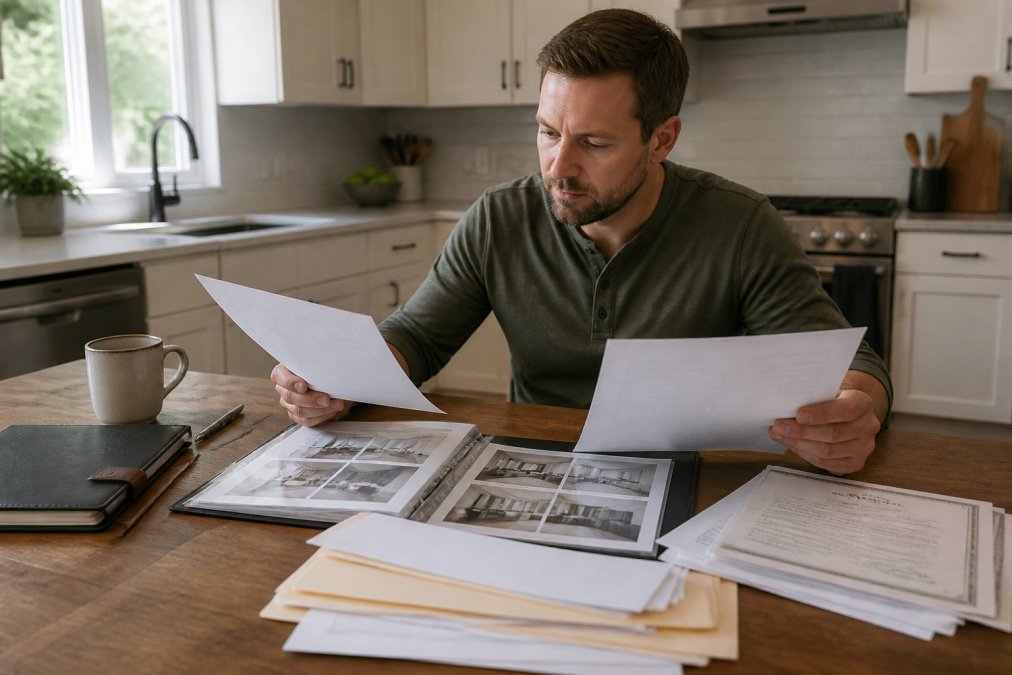 Homeowner reviewing contractor's portfolio, license documents, and references at a kitchen table with tablet and paperwork spread out in natural light