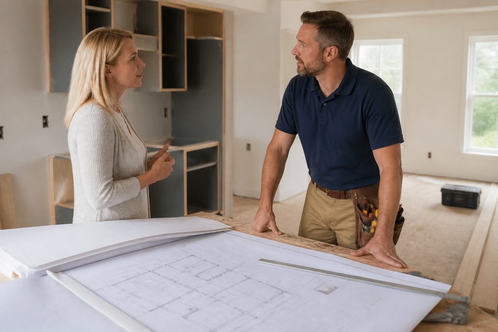 Homeowner meeting with contractor in a home renovation space, discussing project plans and timeline with blueprints visible on a work table