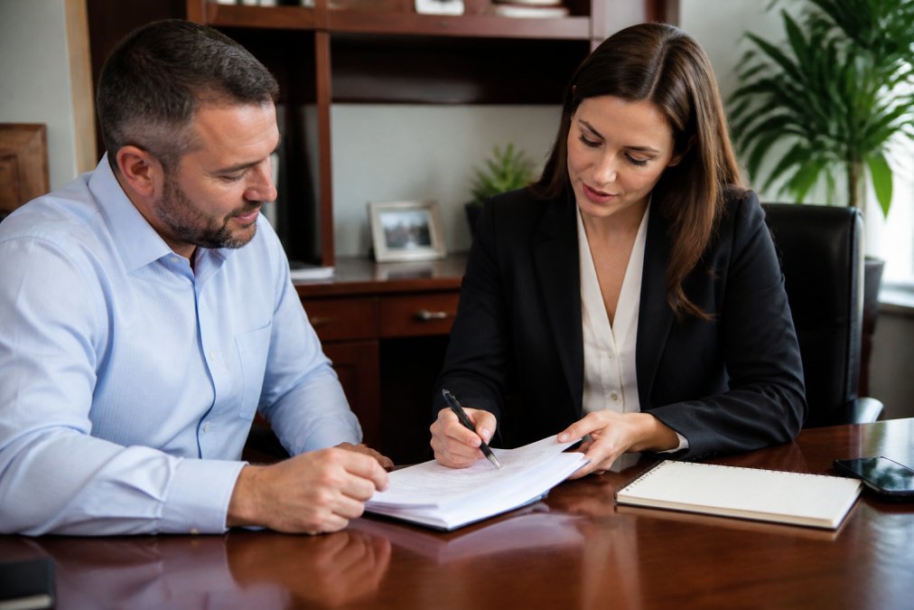 A business owner and a licensed insurance advisor reviewing policy documents at a desk in a professional office, with a laptop showing a comparison table and a notepad nearby