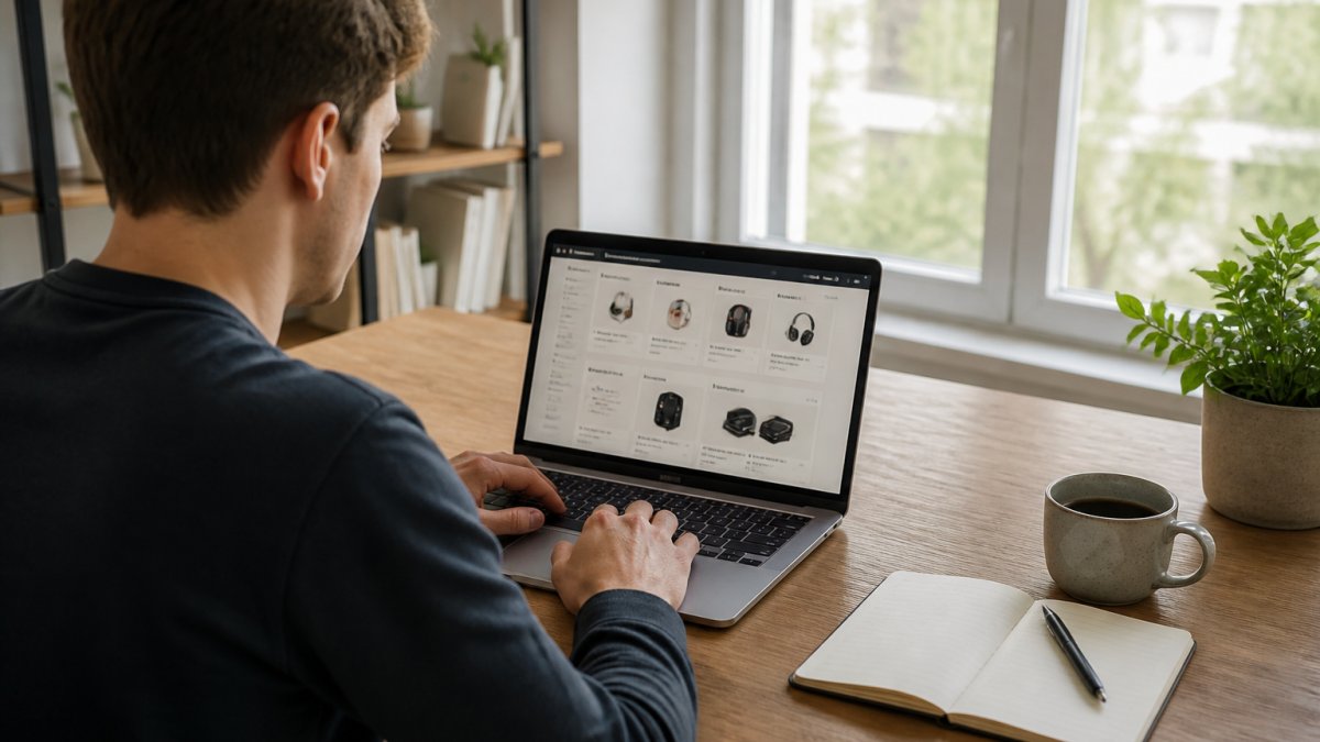 A young person at a tidy home desk with a laptop open to a simple website dashboard, notebook and coffee nearby, natural window light