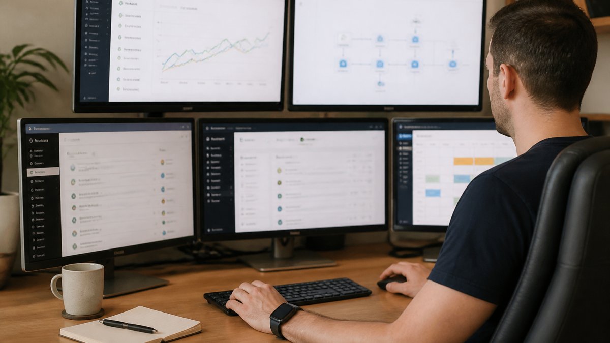 Professional working at desk with multiple monitors displaying analytics dashboards, email automation sequences, and social media scheduling tools, showing faceless income automation and scaling systems