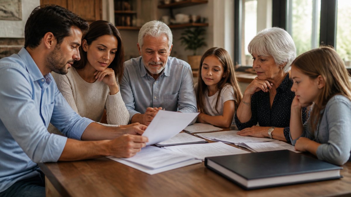 A multi-generational family sitting around a wooden dining table with documents and a laptop, discussing financial plans in a warm home setting