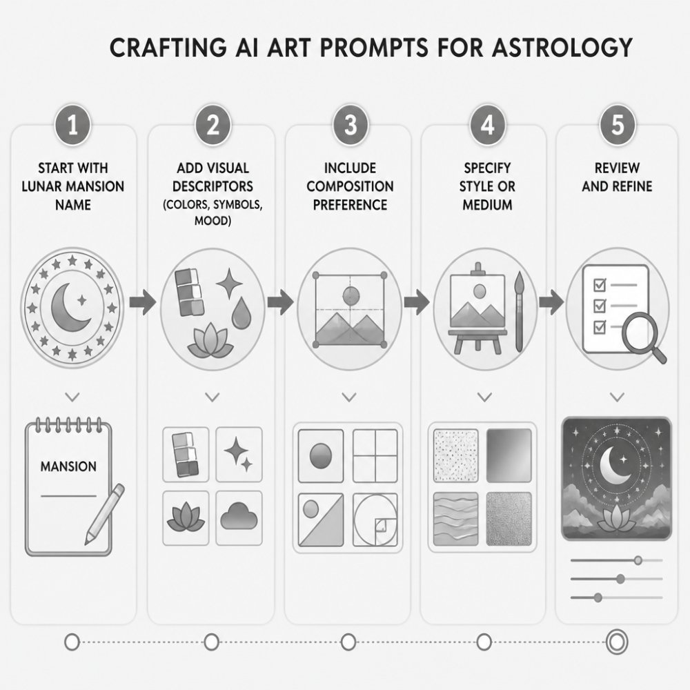 Flowchart showing prompt-building steps: Start with lunar mansion name → Add visual descriptors (colors, symbols, mood) → Include composition preference → Specify style or medium → Review and refine