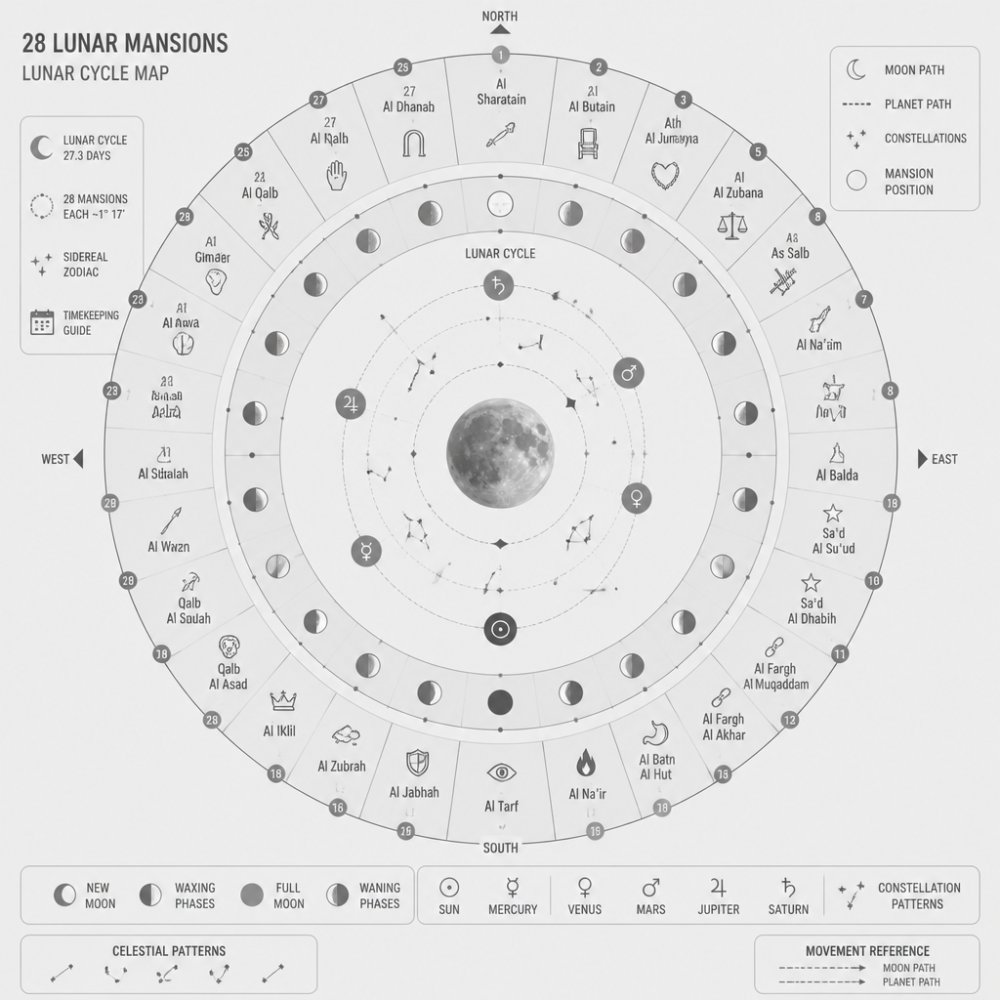 Circular diagram showing the 28 lunar mansions distributed around a lunar cycle with celestial patterns, planetary movements, and symbolic visual elements annotated for each mansion