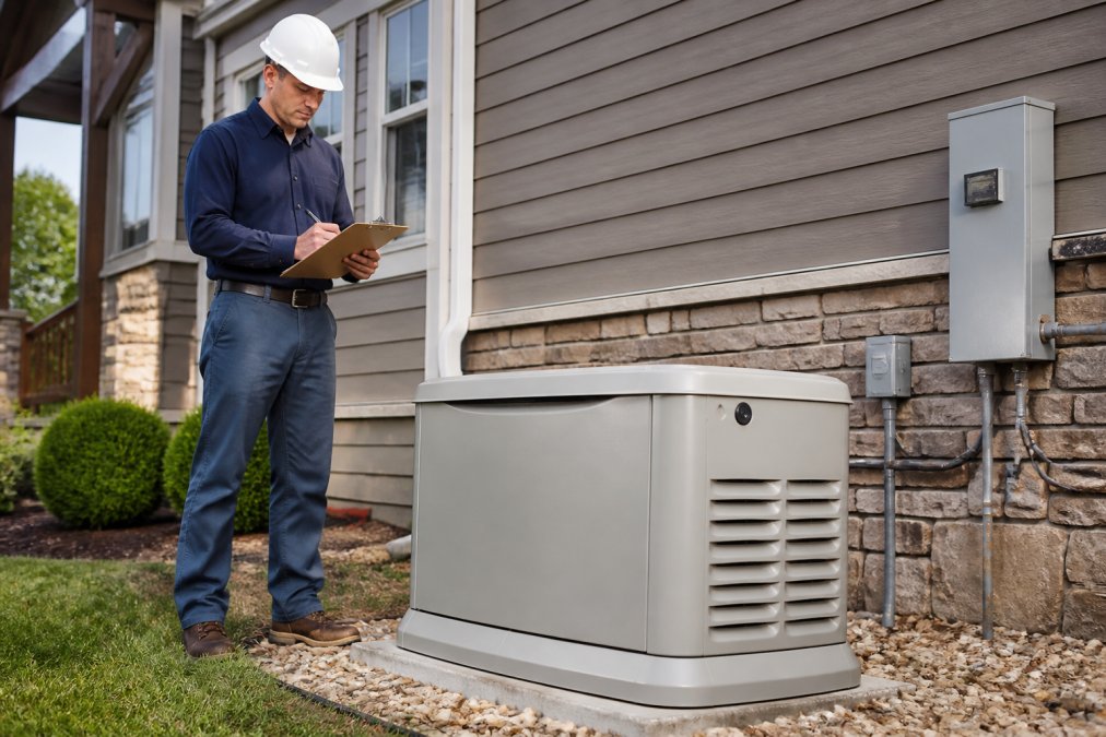 A licensed electrician in safety gear reviewing a clipboard next to a newly installed standby generator outside a suburban home