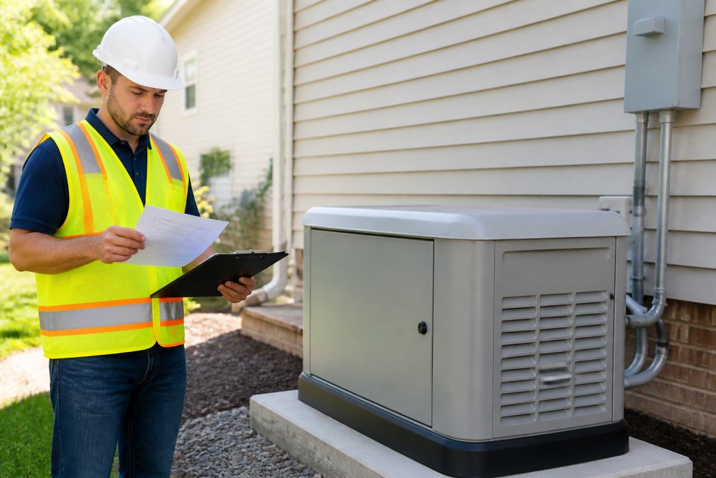 Licensed electrician reviewing generator installation permits near a standby unit on a concrete pad
