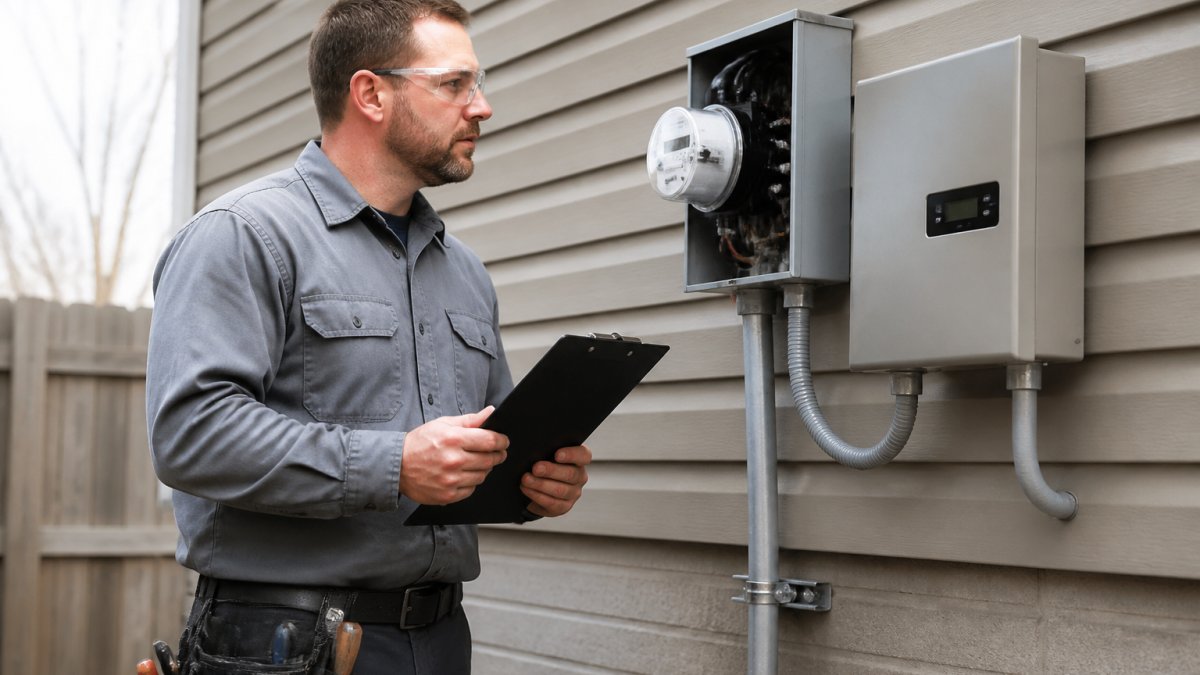 A licensed electrician in a work shirt and safety glasses inspecting an outdoor electrical meter socket and GenerLink device mounted beside a home's exterior wall, with a clipboard in hand