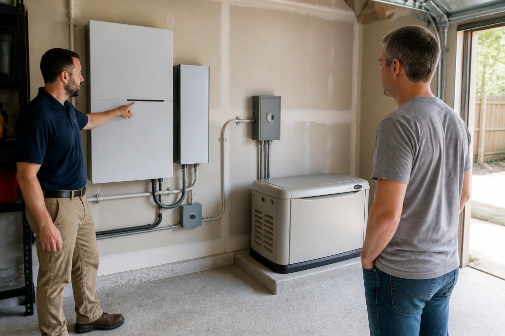 Electrician explaining a home battery and standby generator backup power system to a homeowner