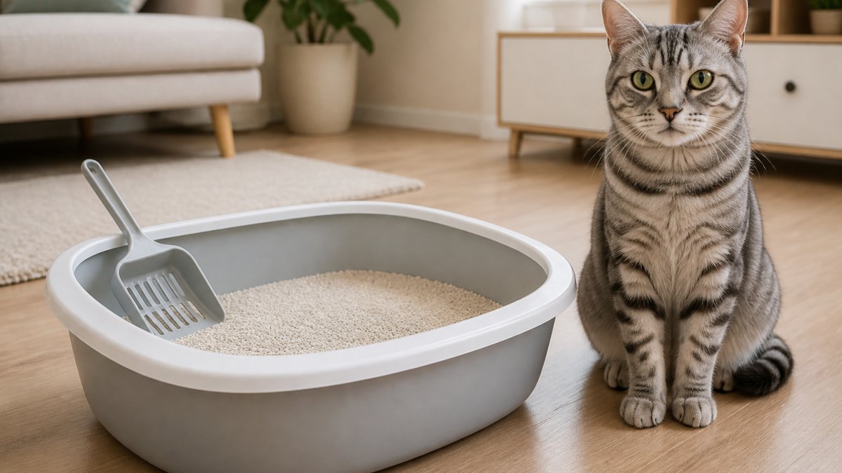 Grey tabby cat sitting beside a clean litter box with fine sand in a bright living room with a scoop nearby.