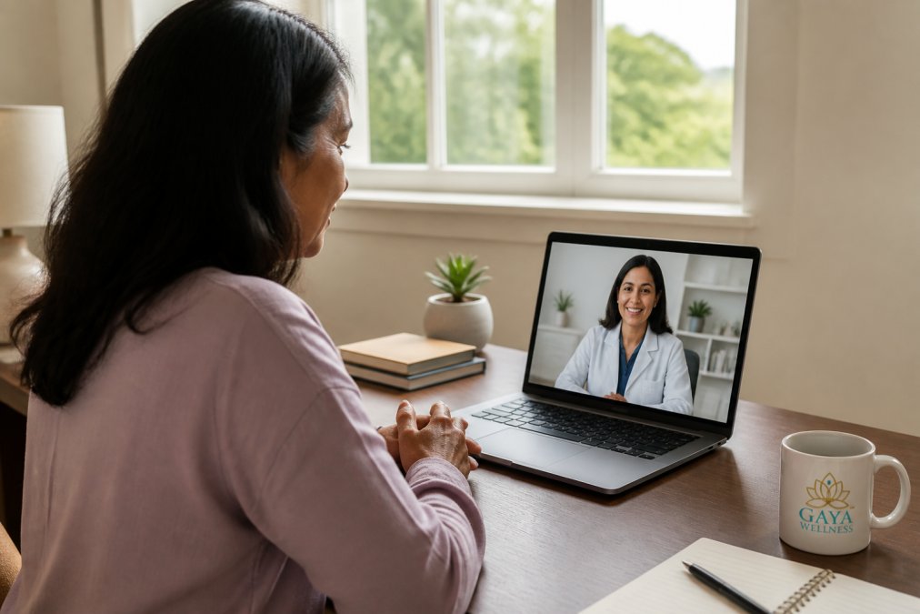 Woman in comfortable home setting sitting at a desk, engaged in a video call with a healthcare provider visible on her laptop screen, natural daylight coming through window behind her, relaxed posture suggesting active conversation