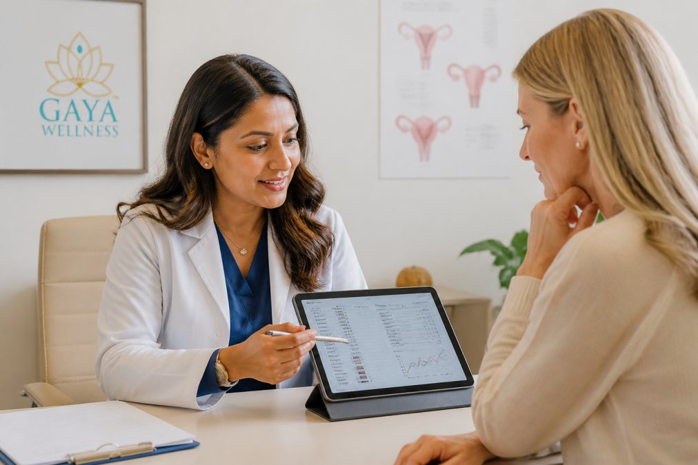 Healthcare provider in professional office setting reviewing detailed lab results and health data displayed on tablet screen with patient seated across from her, medical charts visible in background, warm clinical lighting