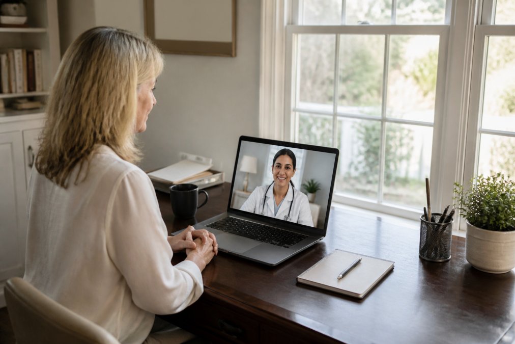 Woman in her 50s having a video consultation on her laptop with a healthcare provider, sitting in a comfortable home office with natural light streaming through a window