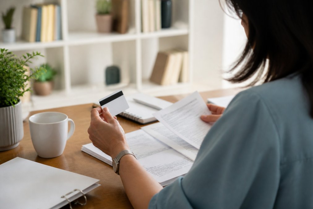 Close-up of hands holding an insurance card and reviewing healthcare documents on a tablet in a bright, organized home office