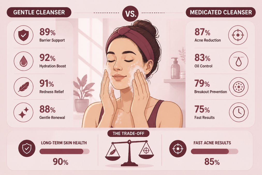 Person applying a gentle cleanser to their face with soft, intentional movements in natural morning light, showing calm skincare routine