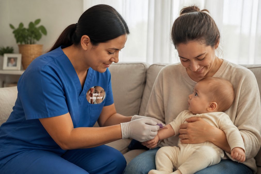 A licensed phlebotomist in blue scrubs gently holding a small infant's hand during a blood draw while a parent provides a comfort hold, all in a calm, softly lit home living room with warm natural light through sheer curtains