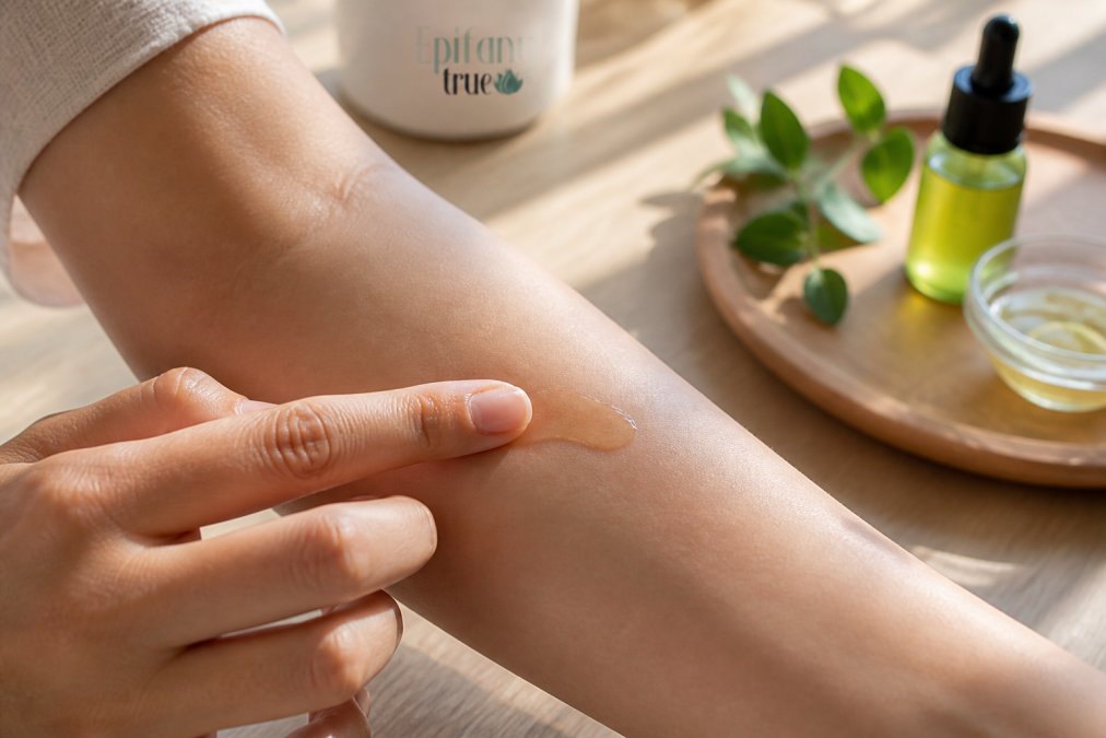 Close-up of a person's inner arm showing a small amount of botanical oil being gently applied with fingertip, with soft natural window lighting illuminating the skin