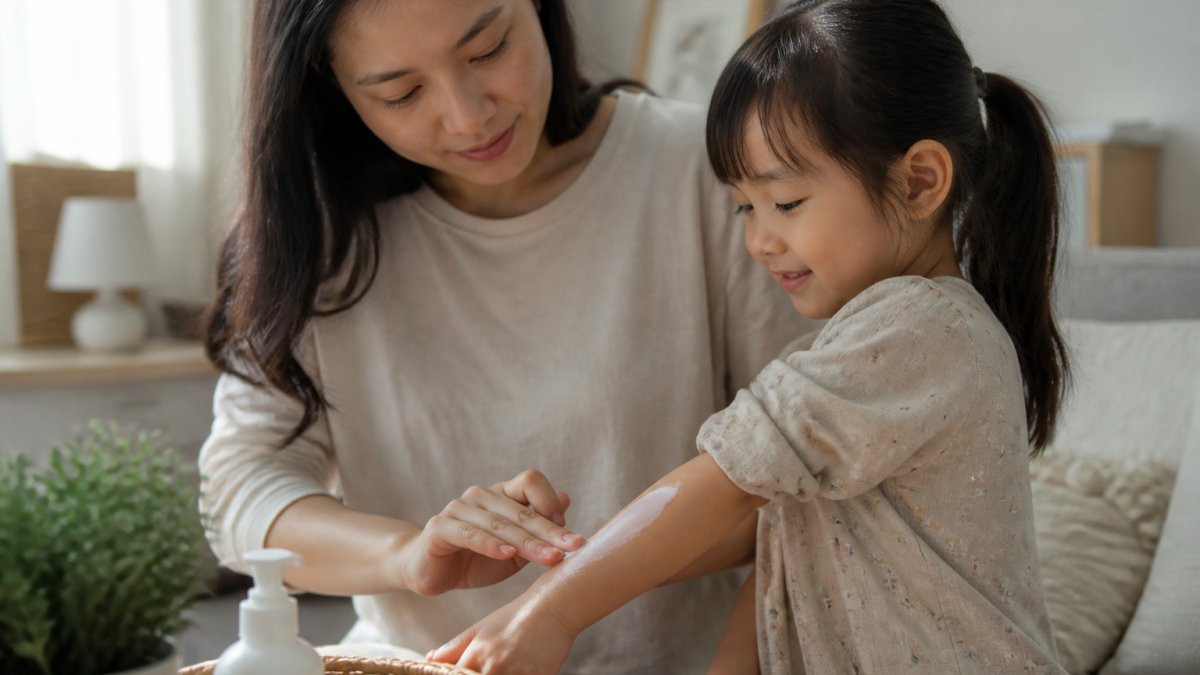 Parent gently applying ceramide lotion to child's arm with soft natural lighting in calm home setting, showing tender skincare moment