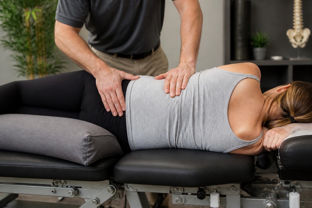 Close-up of a chiropractor's hands performing a gentle low-force adjustment on a pregnant woman's lower back, with specialized pregnancy pillow support visible