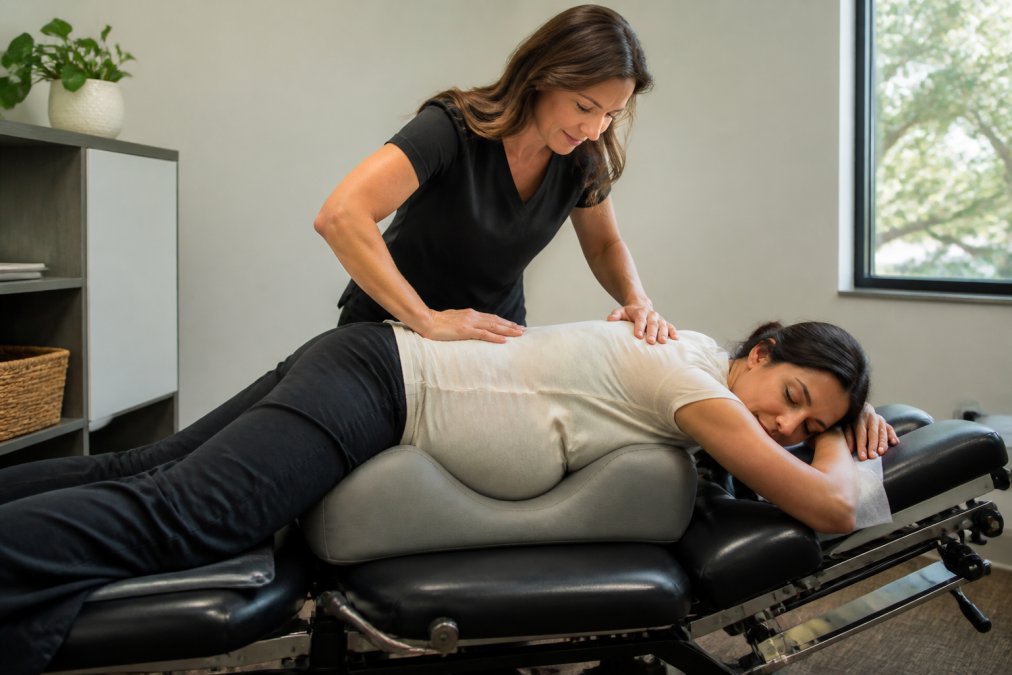 Pregnant woman in a comfortable treatment room lying on a specialized pregnancy pillow with abdominal cutout while a chiropractor performs a gentle adjustment, modern clinical lighting