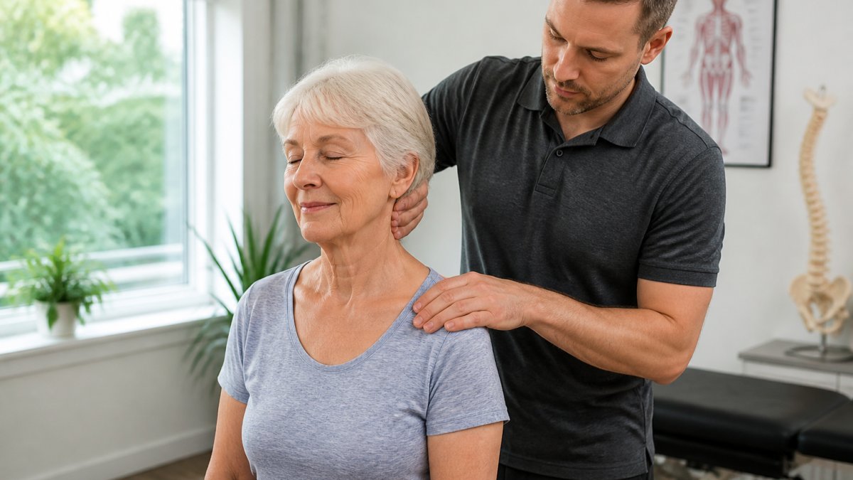 Older adult sitting comfortably in a bright, calm chiropractic clinic room while a chiropractor gently examines their neck and shoulders with a reassuring expression