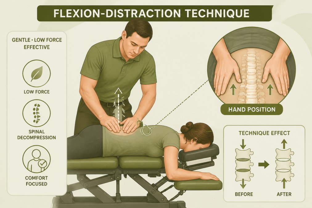 Chiropractor performing gentle flexion-distraction technique on patient lying on specialized treatment table with precise hand positioning on lower back region