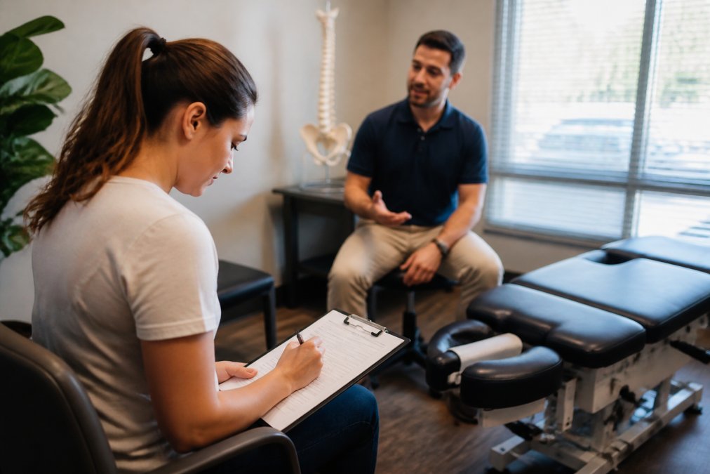 Patient sitting in welcoming chiropractic consultation room completing intake forms on clipboard with chiropractor visible in background discussing treatment options