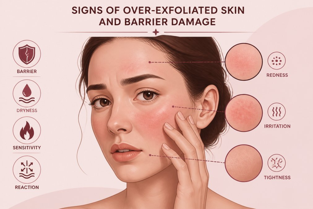 Close-up of a person's face showing visible signs of skin irritation with redness across cheeks and forehead, tightness around the mouth, and a gentle hand touching the cheek area with concern