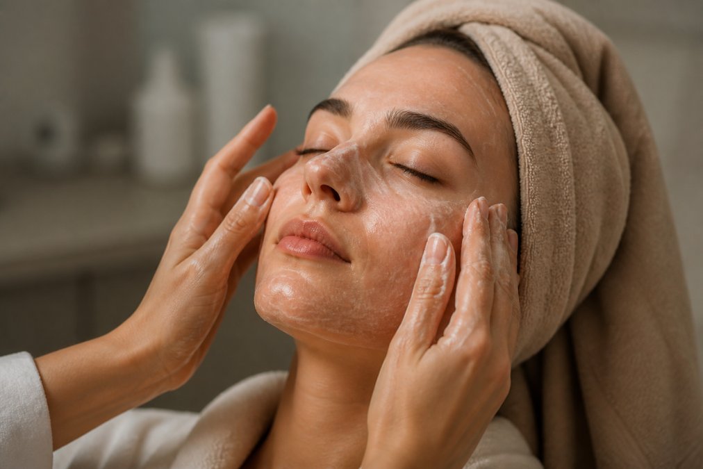 Hands demonstrating gentle cleansing motion on a person's face using light fingertip pressure in upward strokes with a soft cleanser lotion, with warm natural lighting