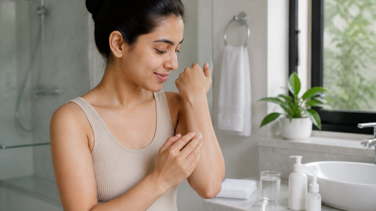 Close-up of a woman dabbing a small amount of cleanser onto her inner elbow in a bright bathroom, soft natural light, calm and careful expression