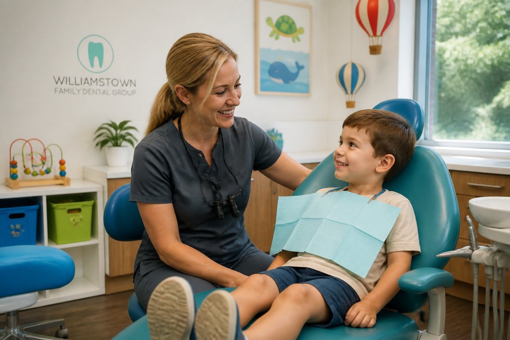 A gentle dentist for nervous children smiling warmly at a young patient in a colourful, bright dental surgery.