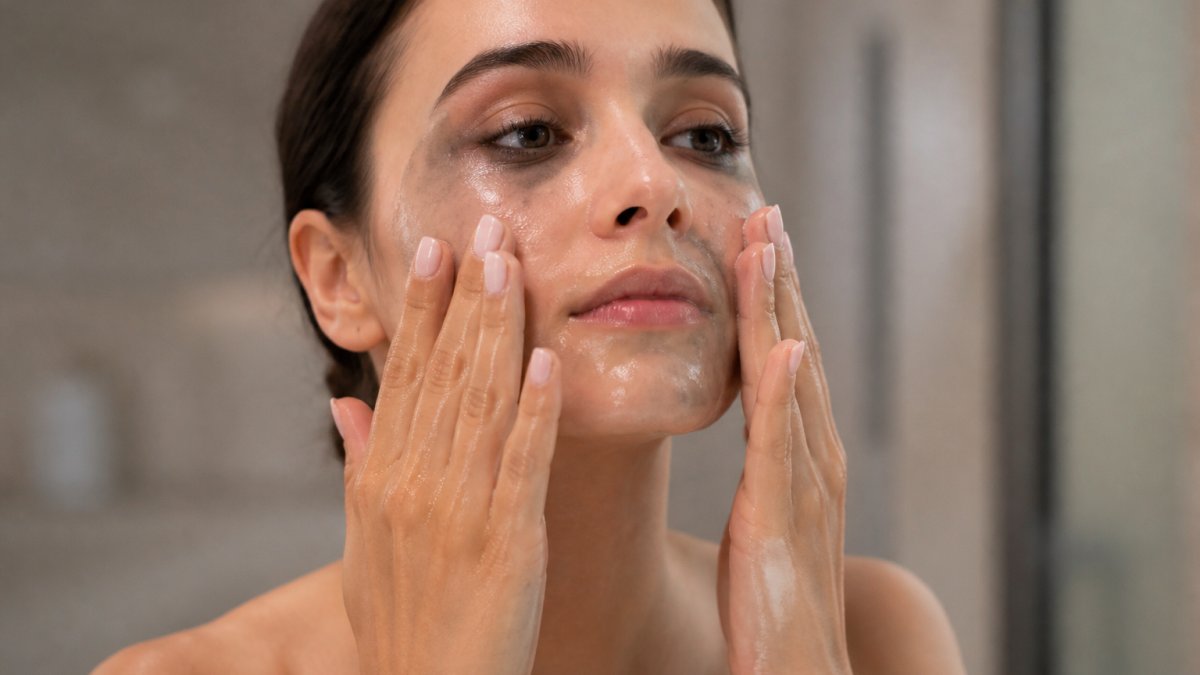 Woman massaging a solid cleansing balm into her skin to dissolve makeup