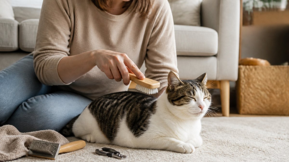 Step-by-step guide showing how to brush a relaxed cat with a soft-bristled tool in a calm home environment