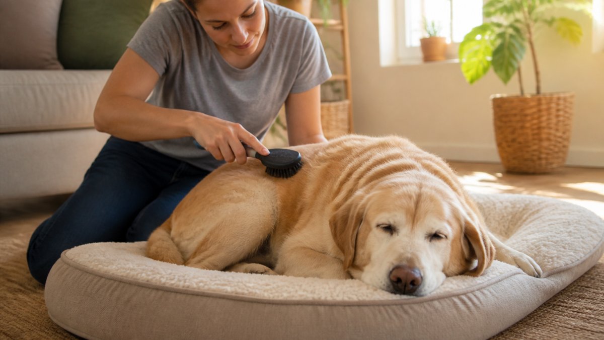 A person gently brushing a large senior dog resting on a soft orthopedic bed in a warm, sunlit living room, using slow, careful strokes along the dog's back while the dog looks relaxed with eyes half-closed
