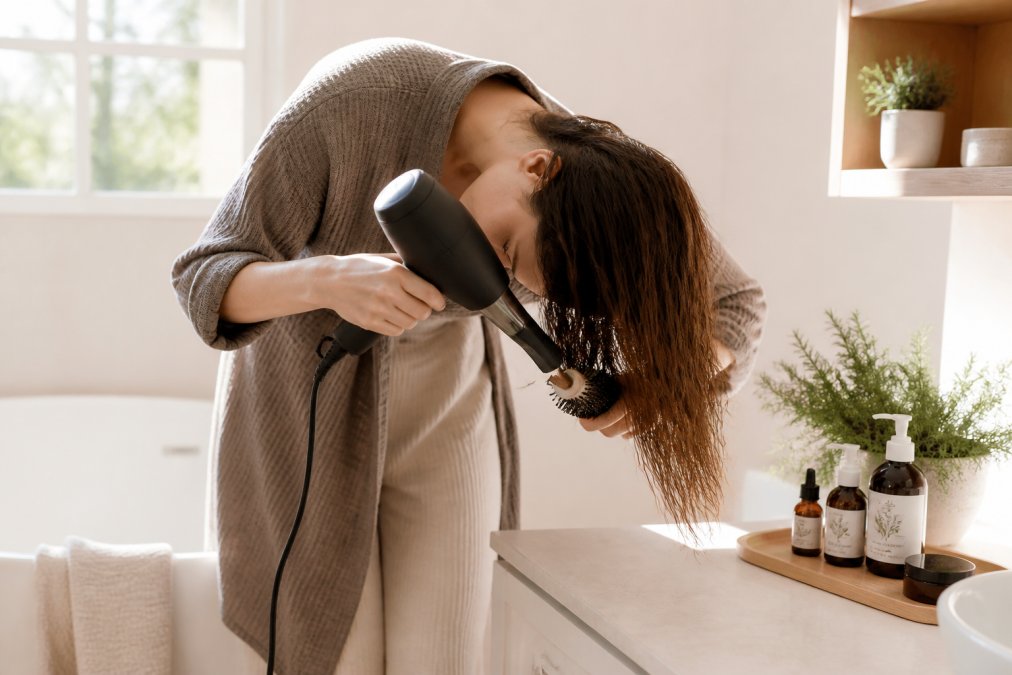A woman with fine, shoulder-length hair leaning forward and blow-drying her hair upside down with a round brush, natural morning light streaming through a bright bathroom window