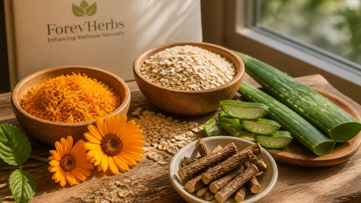 Close-up of fresh botanical ingredients including calendula petals, aloe vera leaves, dried oatmeal, and licorice root arranged on a natural wooden surface with soft morning sunlight