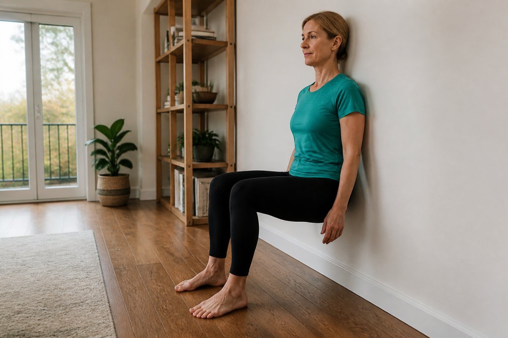 Middle-aged person performing a wall squat against a white wall in comfortable athletic wear, demonstrating proper form with bent knees and back flat against the wall