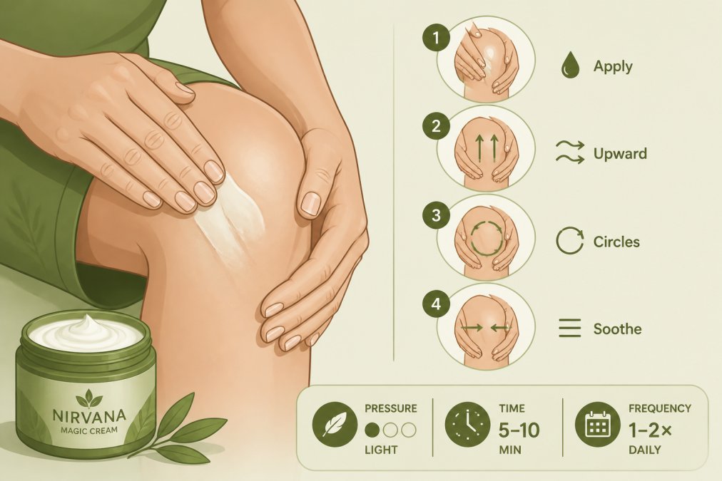Close-up of hands applying cream to knee area, showing gentle massage technique with natural lighting and proper hand positioning