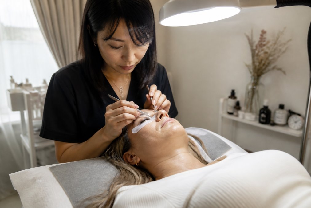 Lash artist applying extensions with gentle lash adhesive to a client resting in a calm, well-lit studio.