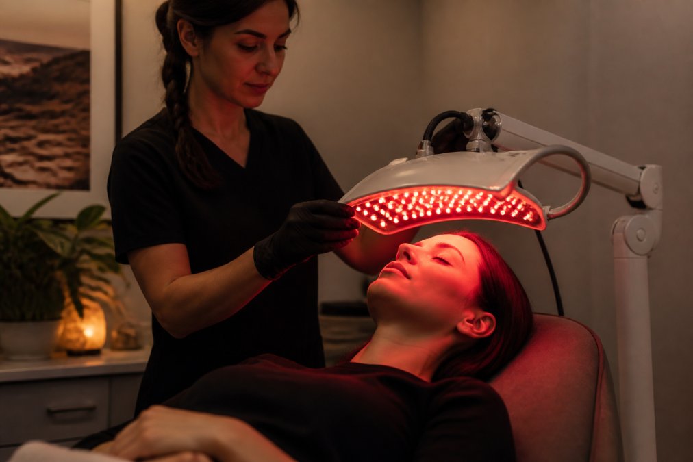 Person receiving red light therapy treatment from a professional LED device in a calm, dimly lit wellness clinic with soft amber lighting and comfortable treatment chair