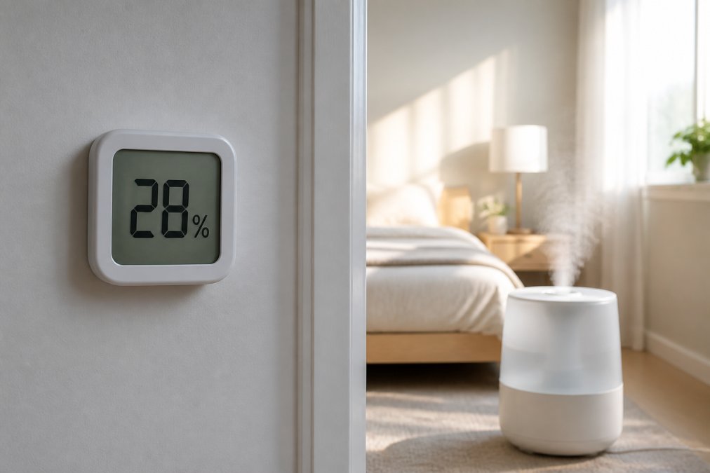 Close-up of a digital hygrometer mounted on a bedroom wall displaying 28% humidity, with a humidifier running in the background near a bed in soft morning light