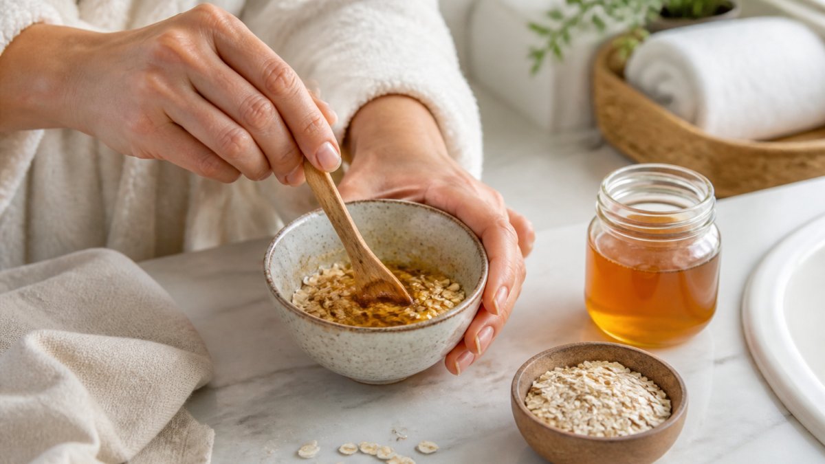 Close-up of hands mixing a small bowl of oatmeal and honey face scrub on a clean bathroom counter, with a glass jar and spoon nearby in soft natural light