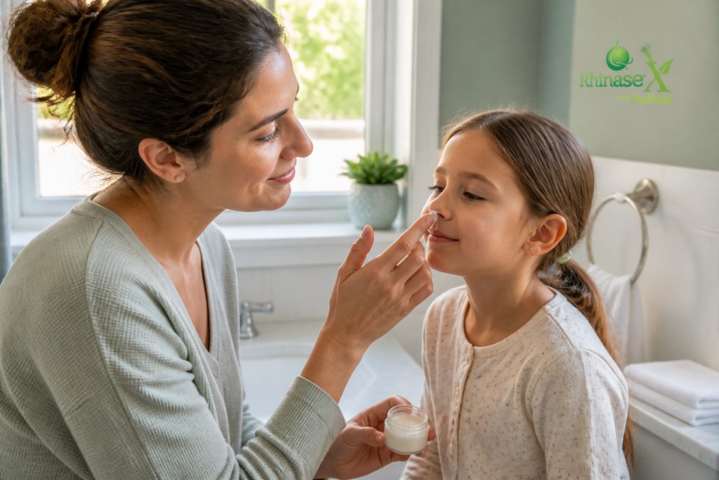 Parent applying soothing gel to a child’s nose for non-drowsy allergy relief in a bright, sunlit bathroom.