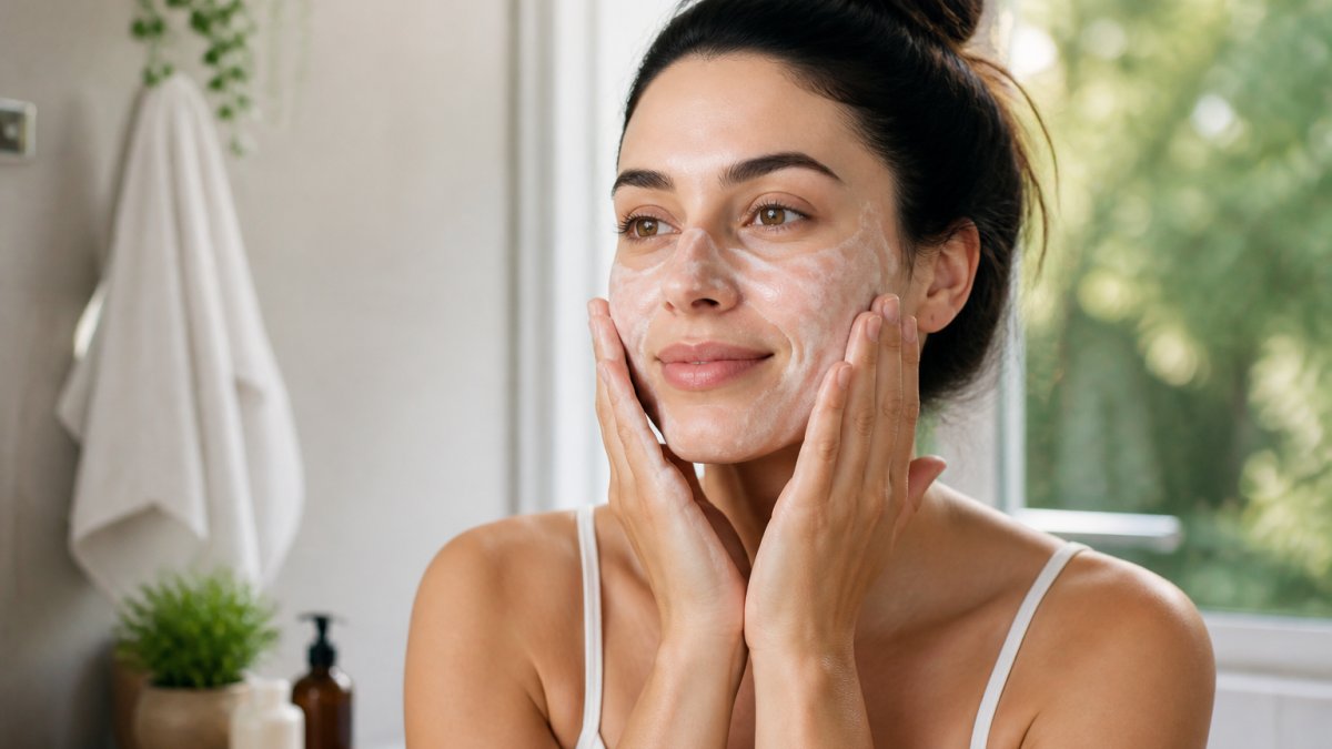 Woman with glowing, clear skin in natural morning light, hands gently cleansing her face with a soft cleanser