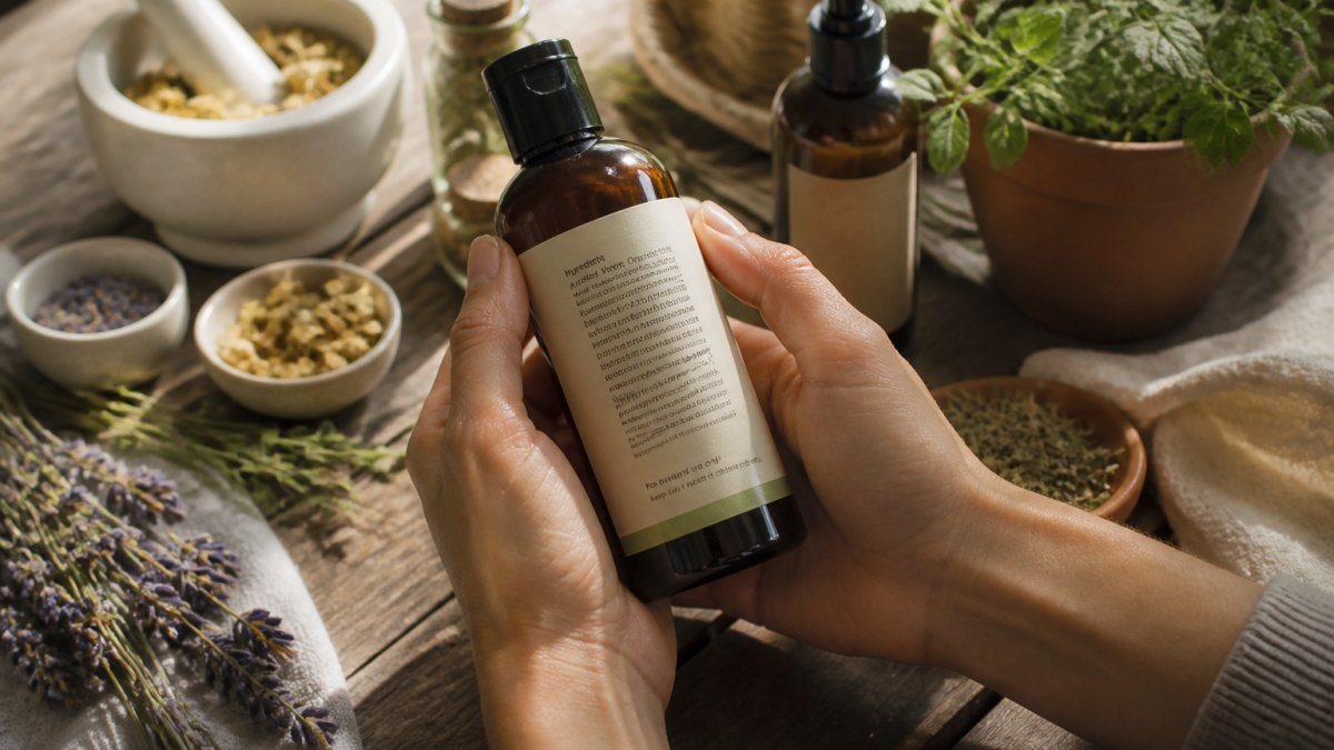 Close-up of hands holding a pet product bottle with ingredient label visible, sunlight illuminating the text, natural background with dried herbs or botanical elements