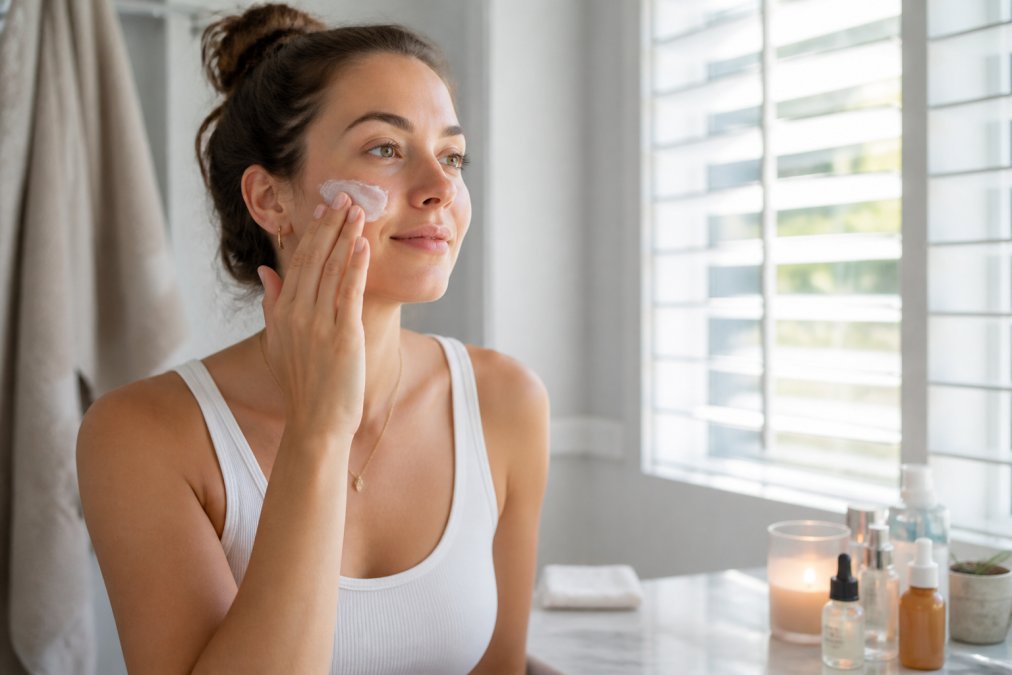 Woman applying broad-spectrum sunscreen to her face in natural morning light, with skincare products visible on a bathroom counter